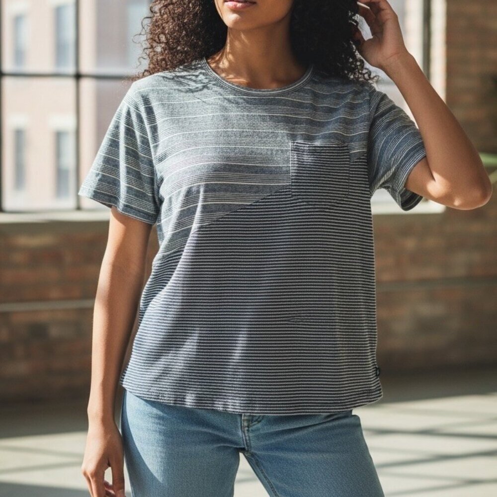 United By Blue Womens Small Organic Hemp Cotton Cropped Navy Striped T-shirt